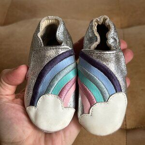 Robeez Silver Leather Baby Moccasins with Rainbow Detail | 0–6 Months